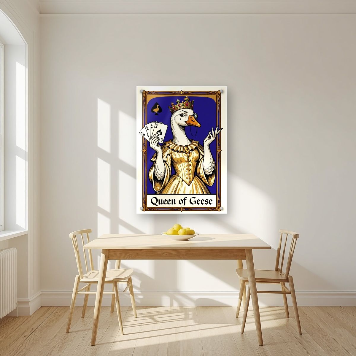 Queen of Geese – Cobalt Coronet art print, as an acrylic print, styled in a kitchen