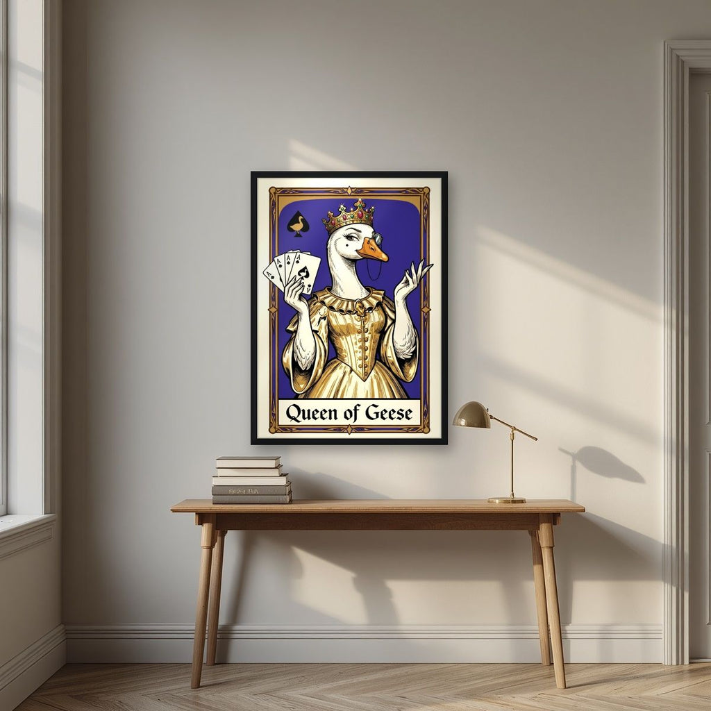 Queen of Geese – Cobalt Coronet art print, in a black frame, styled in a desk