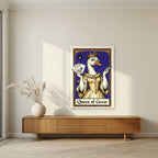 Queen of Geese – Cobalt Coronet art print, unframed poster, styled in a living room