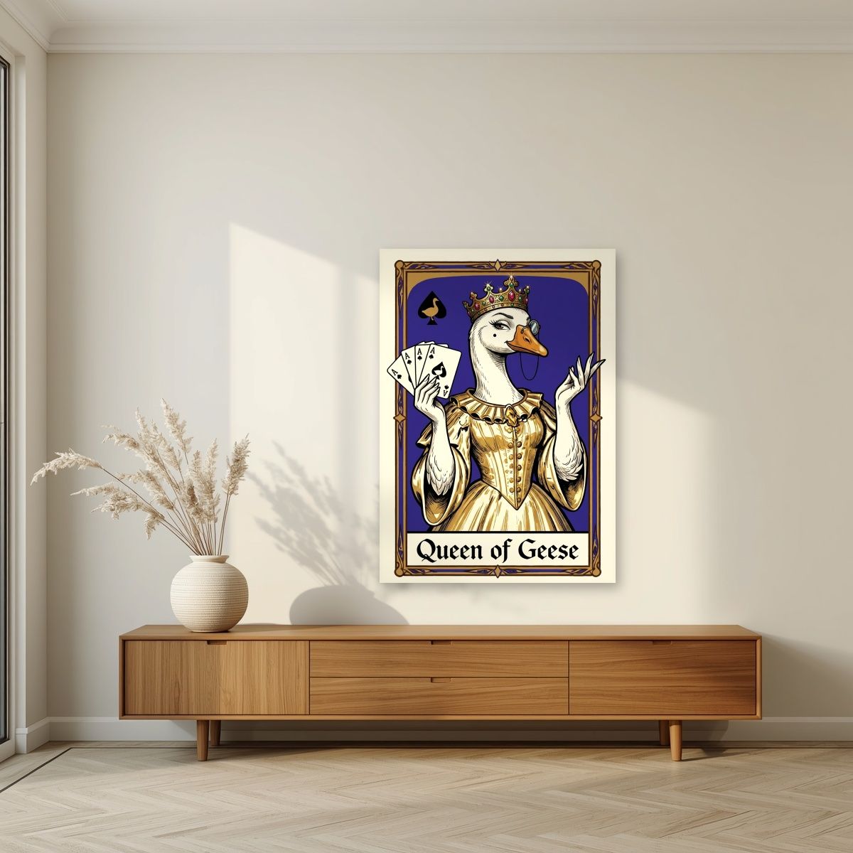 Queen of Geese – Cobalt Coronet art print, unframed poster, styled in a living room