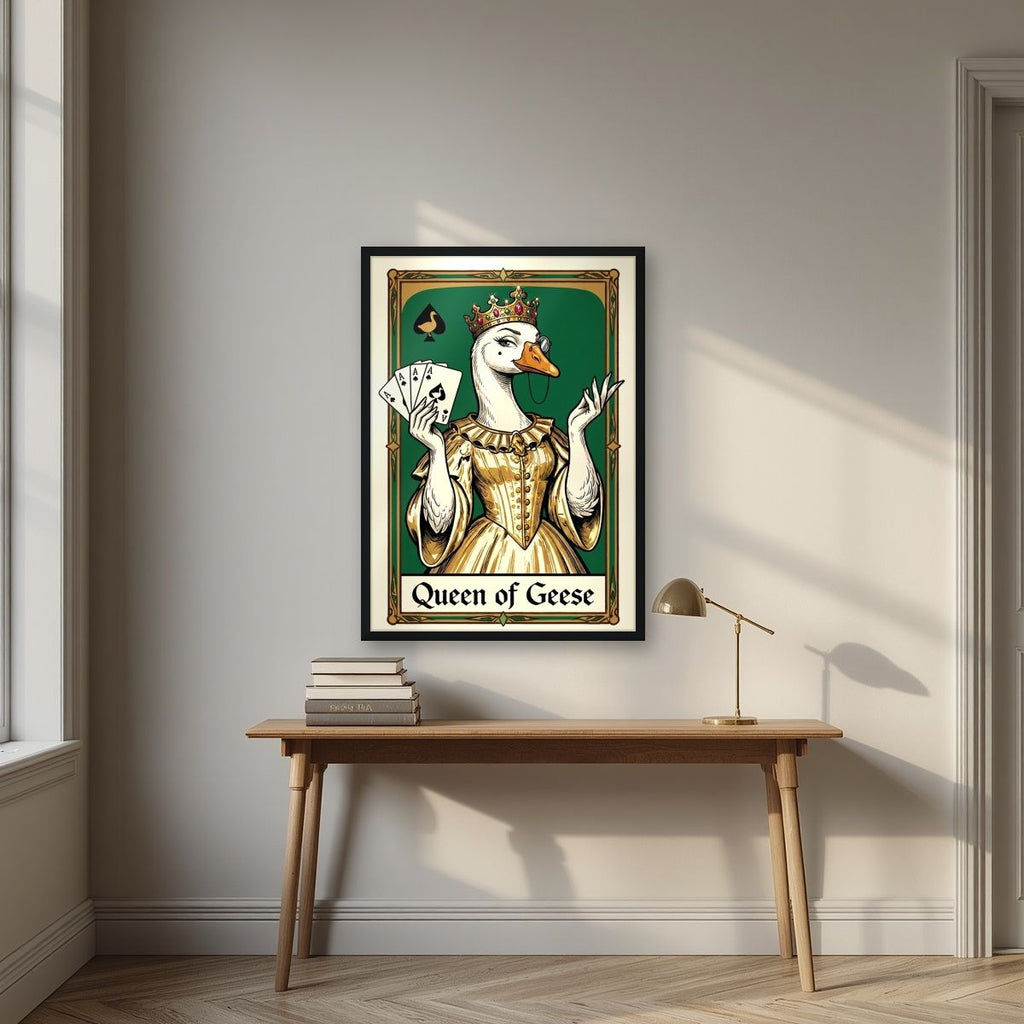 Queen of Geese – Emerald Reign art print, in a black frame, styled in a desk