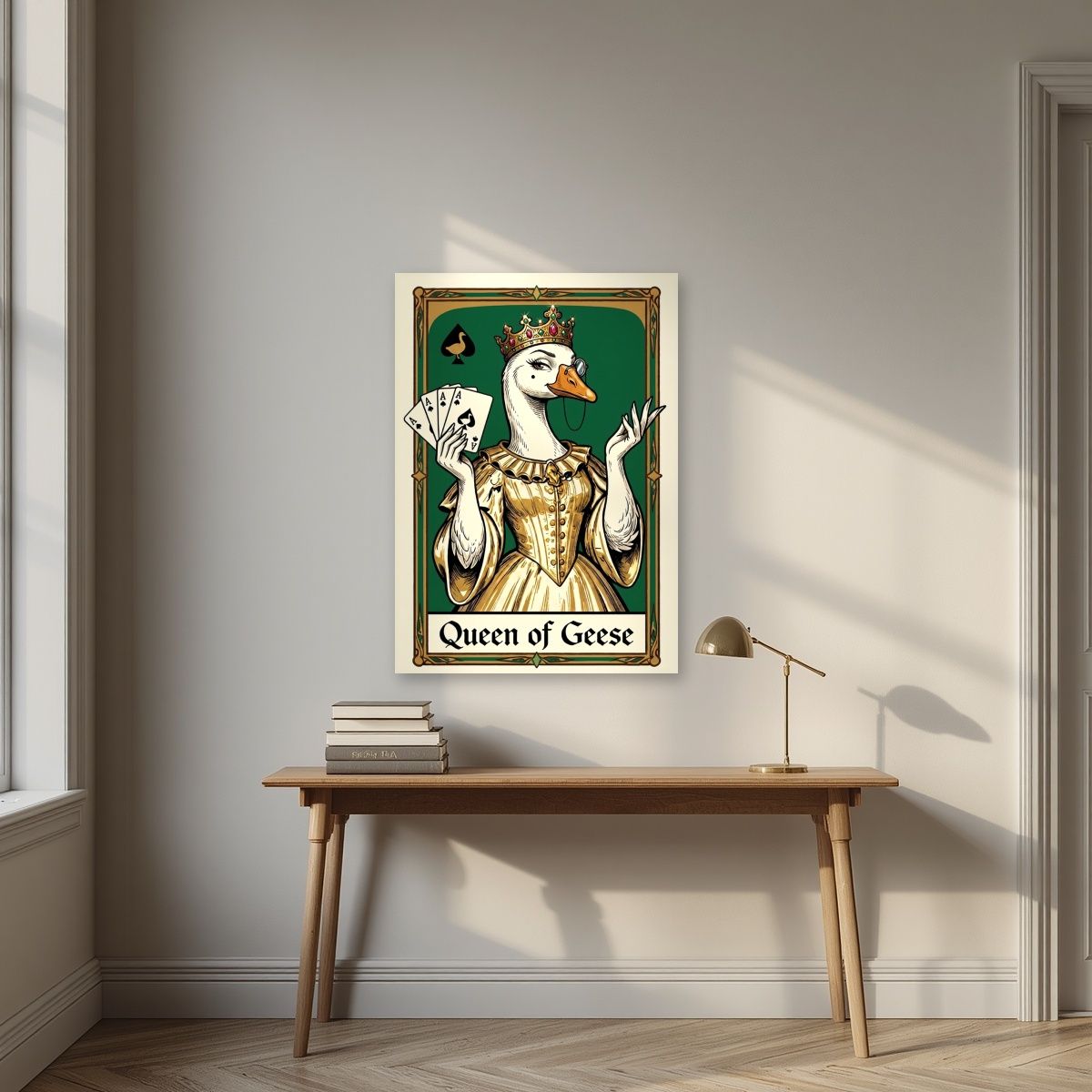 Queen of Geese – Emerald Reign art print, unframed poster, styled in a desk
