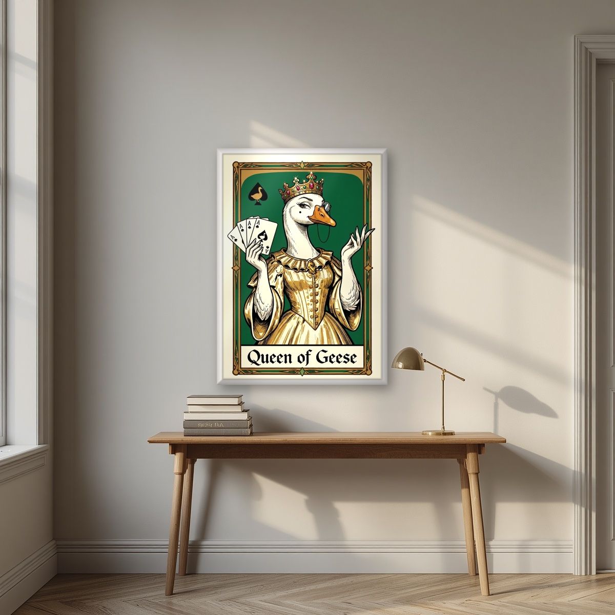 Queen of Geese – Emerald Reign art print, in a white frame, styled in a desk