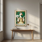 Queen of Geese – Emerald Reign art print, in an oak frame, styled in a desk