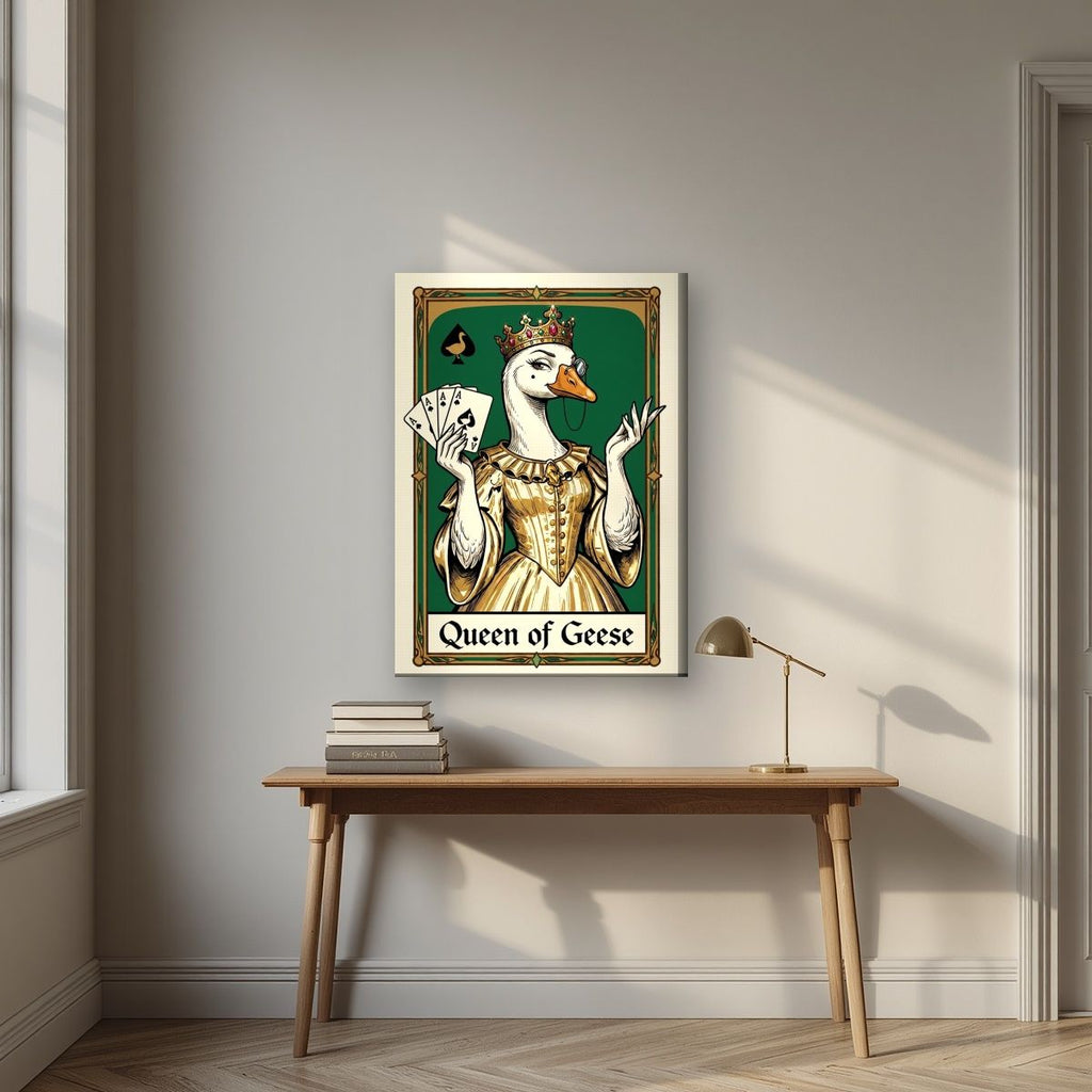 Queen of Geese – Emerald Reign art print, on slim canvas, styled in a desk