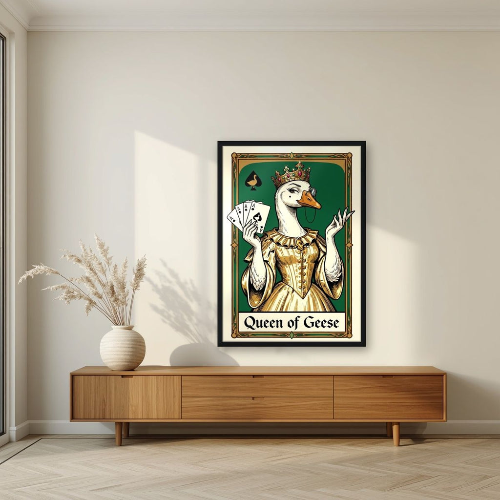Queen of Geese – Emerald Reign art print, in a black frame, styled in a living room