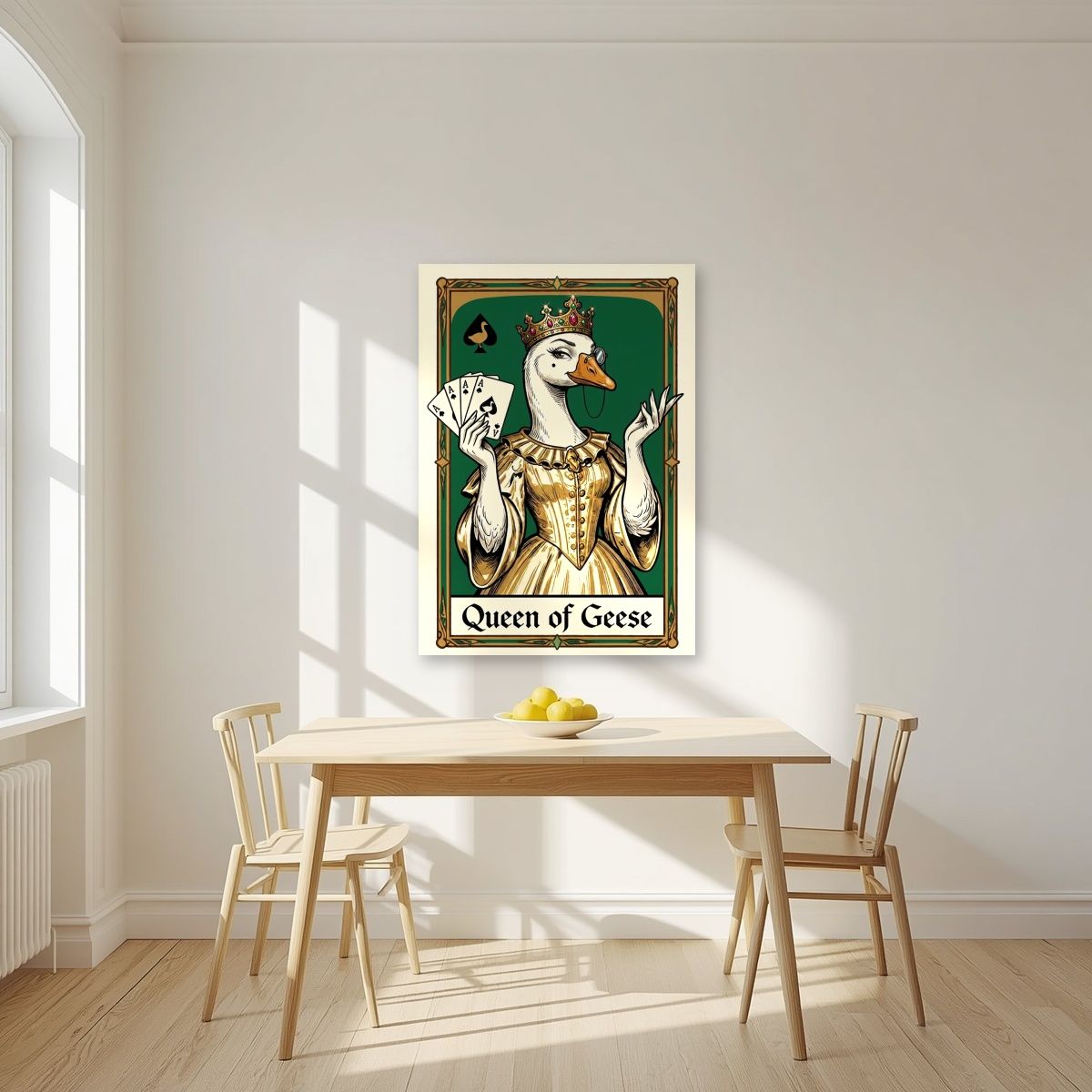 Queen of Geese – Emerald Reign art print, unframed poster, styled in a kitchen