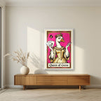 Queen of Geese – Fuchsia Flush art print, in a white frame, styled in a living room