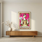 Queen of Geese – Fuchsia Flush art print, in an oak frame, styled in a living room