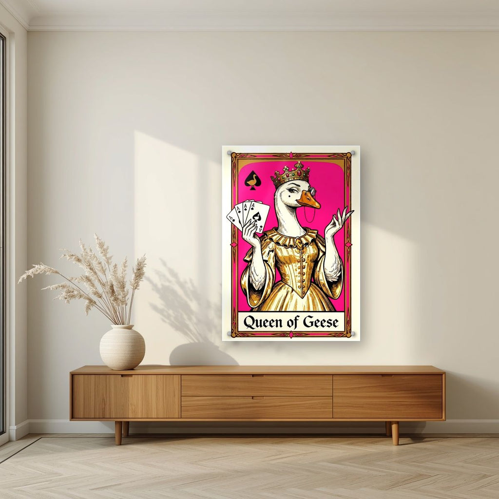 Queen of Geese – Fuchsia Flush art print, as an acrylic print, styled in a living room