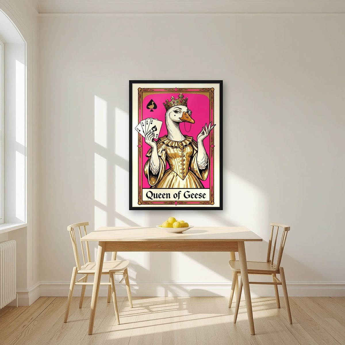 Queen of Geese – Fuchsia Flush art print, in a black frame, styled in a kitchen