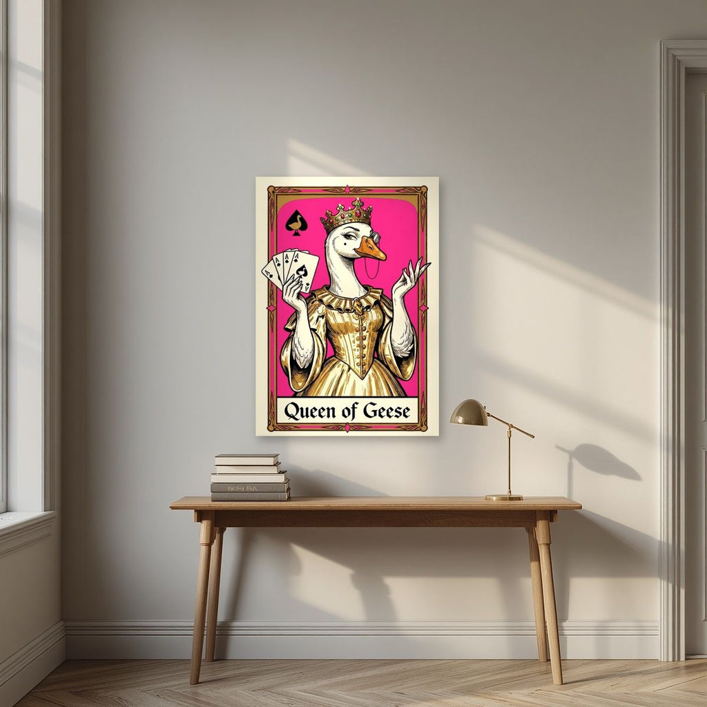 Queen of Geese – Fuchsia Flush art print, unframed poster, styled in a desk