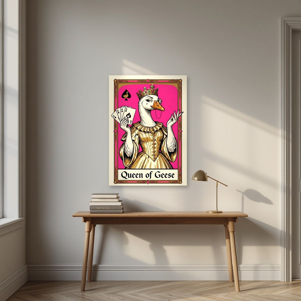 Queen of Geese – Fuchsia Flush art print, unframed poster, styled in a desk