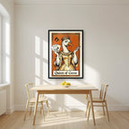 Queen of Geese – Tangerine Throne art print, in a black frame, styled in a kitchen