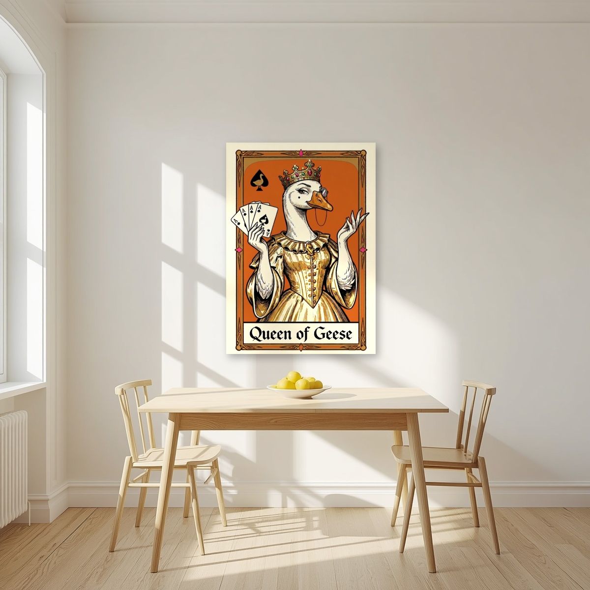 Queen of Geese – Tangerine Throne art print, unframed poster, styled in a kitchen