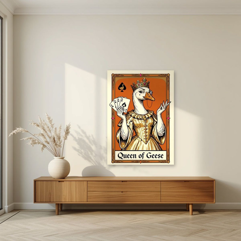 Queen of Geese – Tangerine Throne art print, unframed poster, styled in a living room