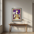 Queen of Geese – Violet Velvet art print, in a black frame, styled in a desk