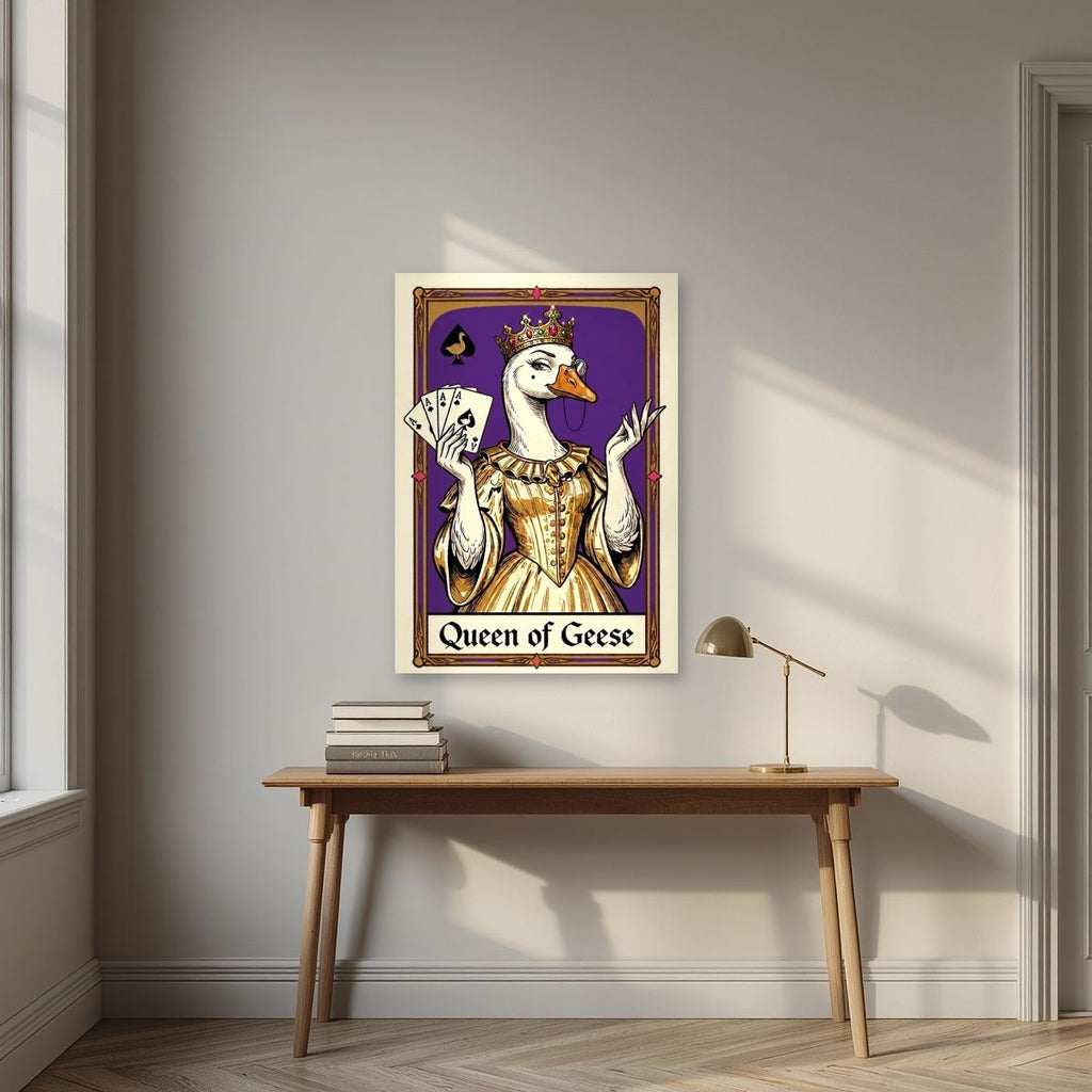 Queen of Geese – Violet Velvet art print, unframed poster, styled in a desk