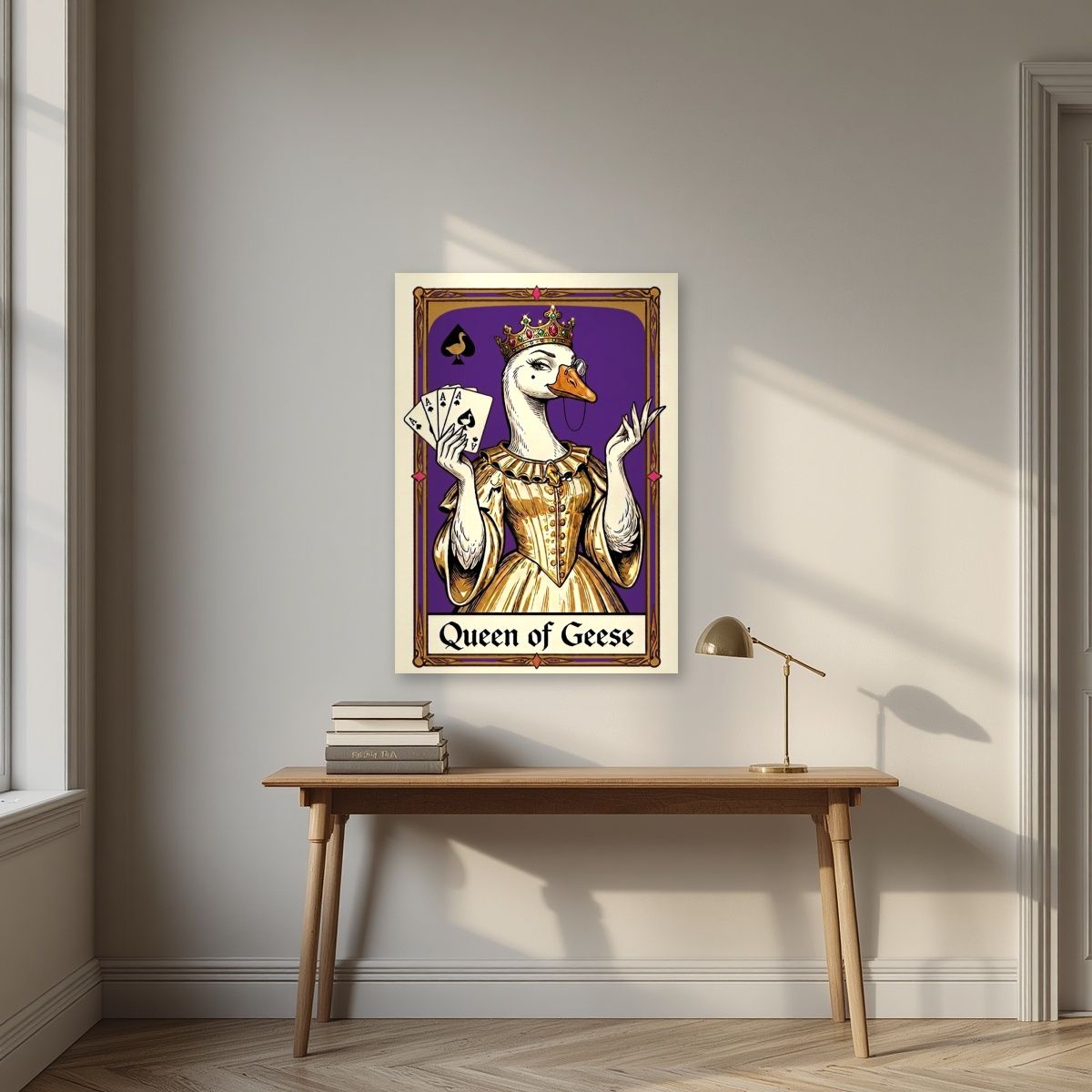 Queen of Geese – Violet Velvet art print, unframed poster, styled in a desk