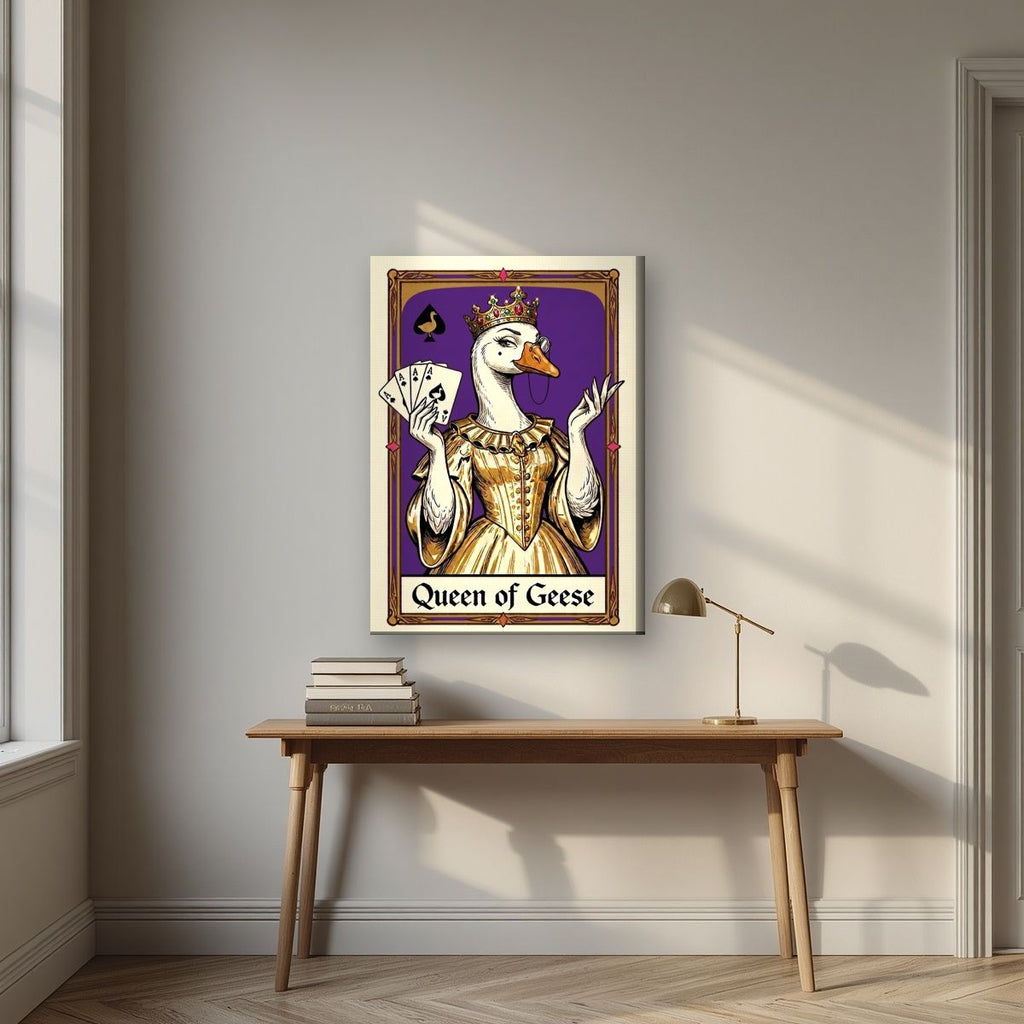 Queen of Geese – Violet Velvet art print, on slim canvas, styled in a desk