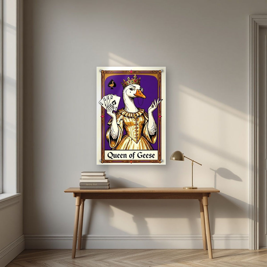 Queen of Geese – Violet Velvet art print, as an acrylic print, styled in a desk