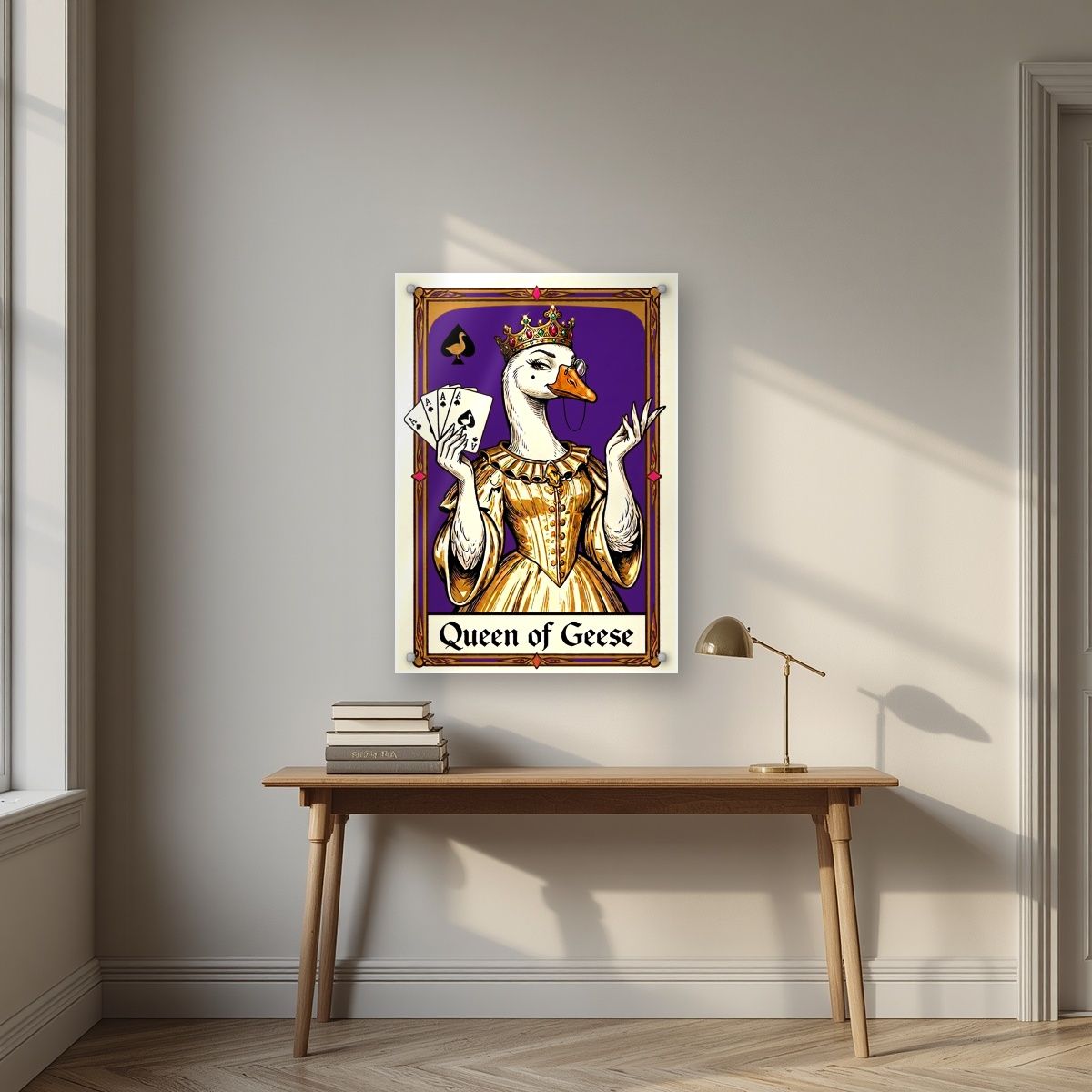 Queen of Geese – Violet Velvet art print, as an acrylic print, styled in a desk