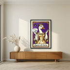 Queen of Geese – Violet Velvet art print, in a black frame, styled in a living room