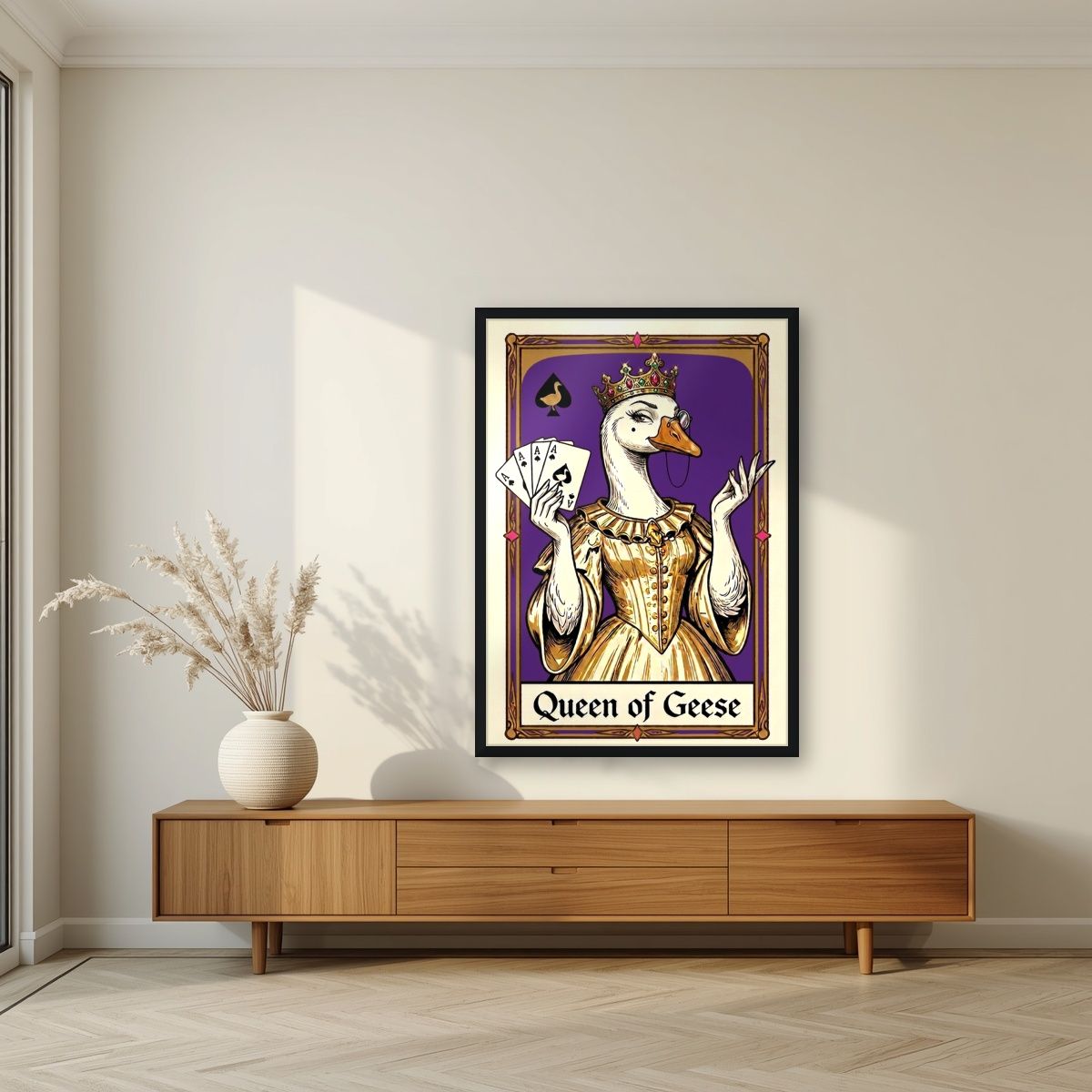 Queen of Geese – Violet Velvet art print, in a black frame, styled in a living room