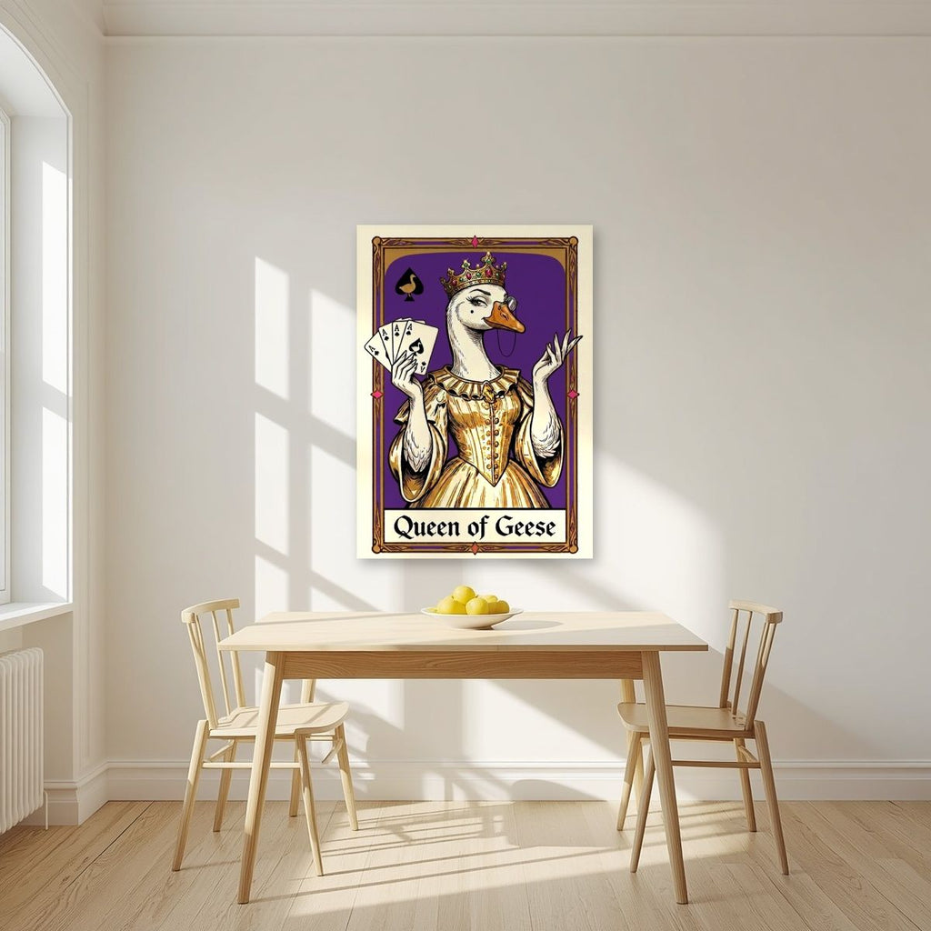 Queen of Geese – Violet Velvet art print, unframed poster, styled in a kitchen