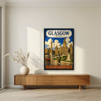 Scotland's Greatest City — Glasgow art print, in a black frame, styled in a living room