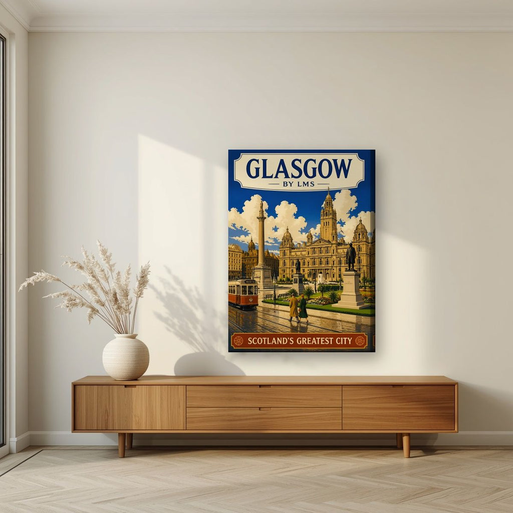Scotland's Greatest City — Glasgow art print, on slim canvas, styled in a living room