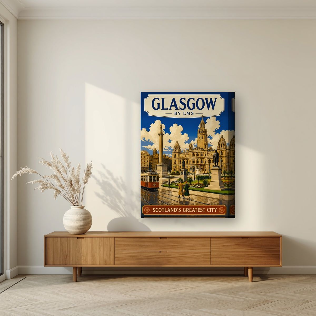 Scotland's Greatest City — Glasgow art print, on thick canvas, styled in a living room