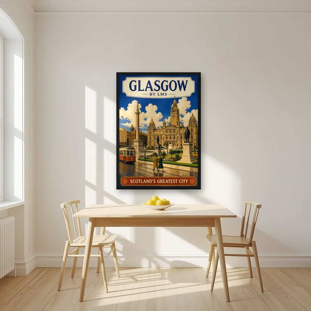 Scotland's Greatest City — Glasgow art print, in a black frame, styled in a kitchen
