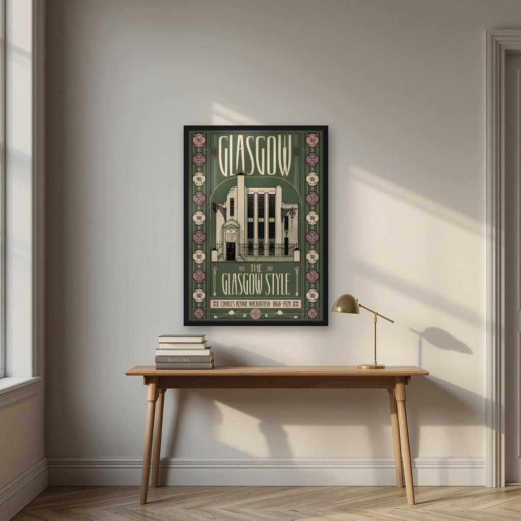 The Glasgow Style — Glasgow art print, in a black frame, styled in a desk