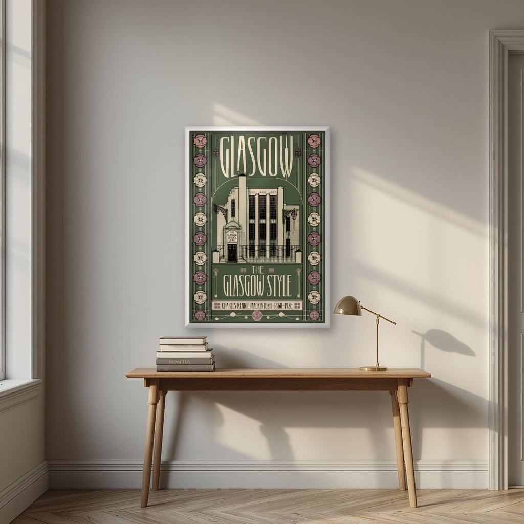The Glasgow Style — Glasgow art print, in a white frame, styled in a desk