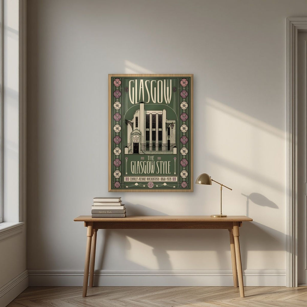 The Glasgow Style — Glasgow art print, in an oak frame, styled in a desk