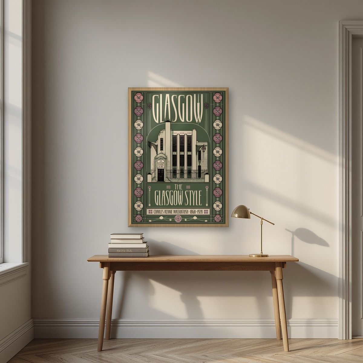 The Glasgow Style — Glasgow art print, in an oak frame, styled in a desk
