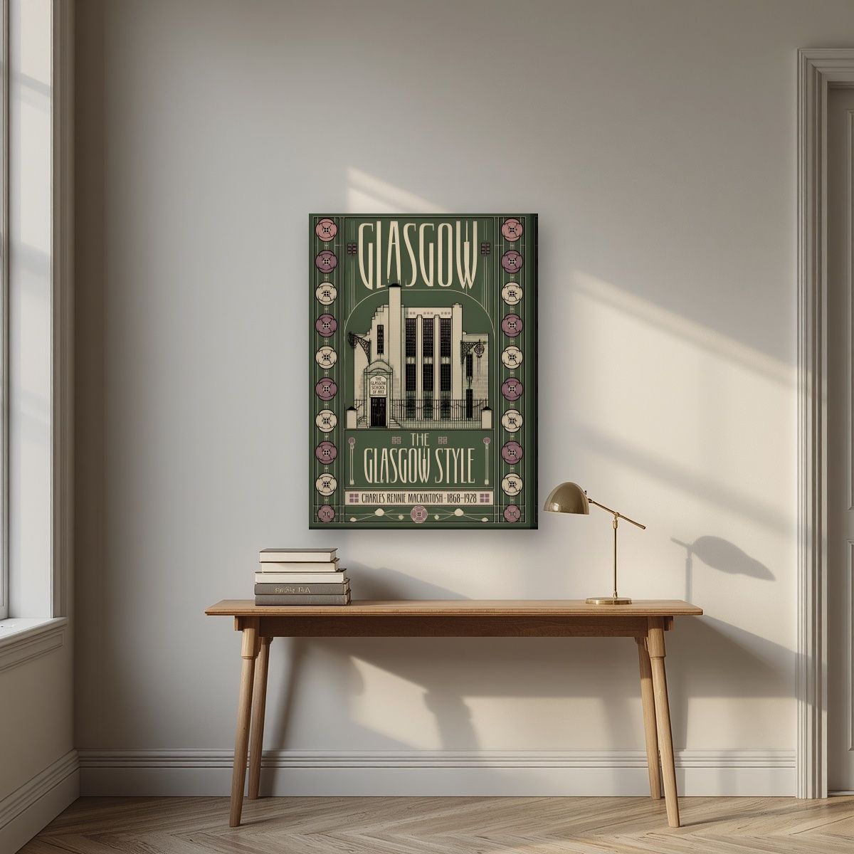 The Glasgow Style — Glasgow art print, on slim canvas, styled in a desk