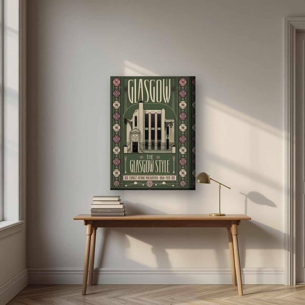 The Glasgow Style — Glasgow art print, on thick canvas, styled in a desk
