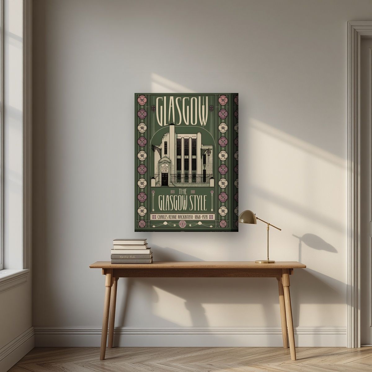 The Glasgow Style — Glasgow art print, on thick canvas, styled in a desk