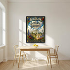 The Kibble Palace — Glasgow art print, in a black frame, styled in a kitchen