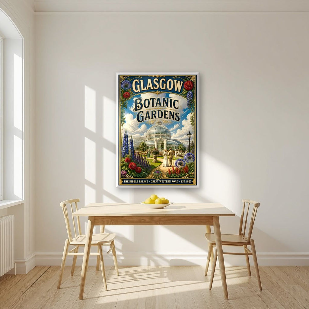 The Kibble Palace — Glasgow art print, in a white frame, styled in a kitchen