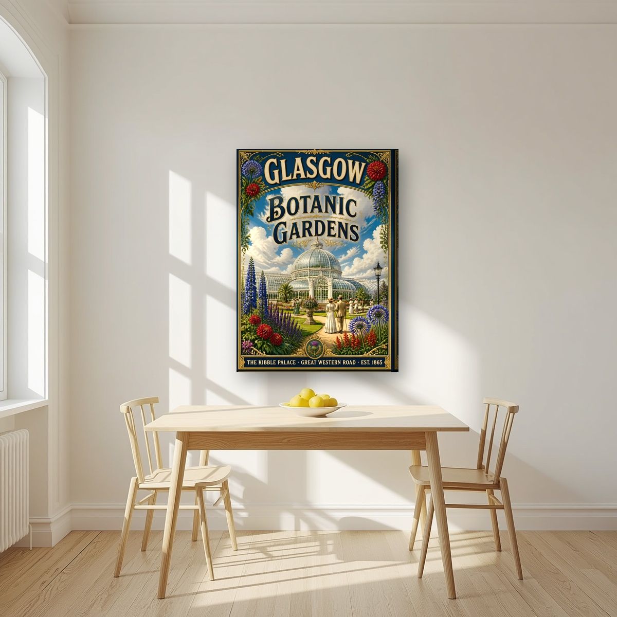 The Kibble Palace — Glasgow art print, on slim canvas, styled in a kitchen