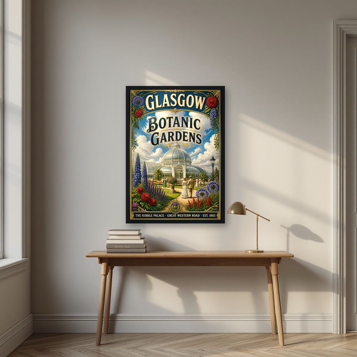 The Kibble Palace — Glasgow art print, in a black frame, styled in a desk