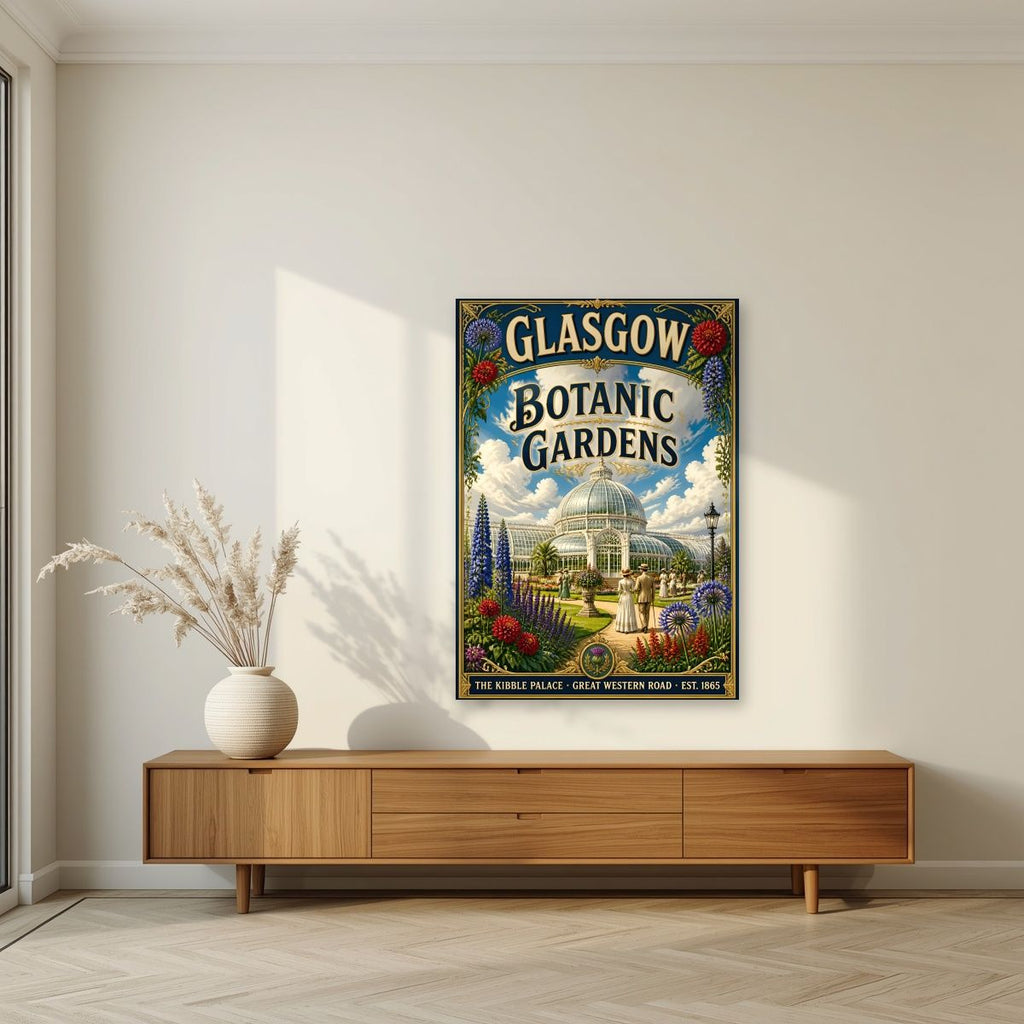 The Kibble Palace — Glasgow art print, unframed poster, styled in a living room