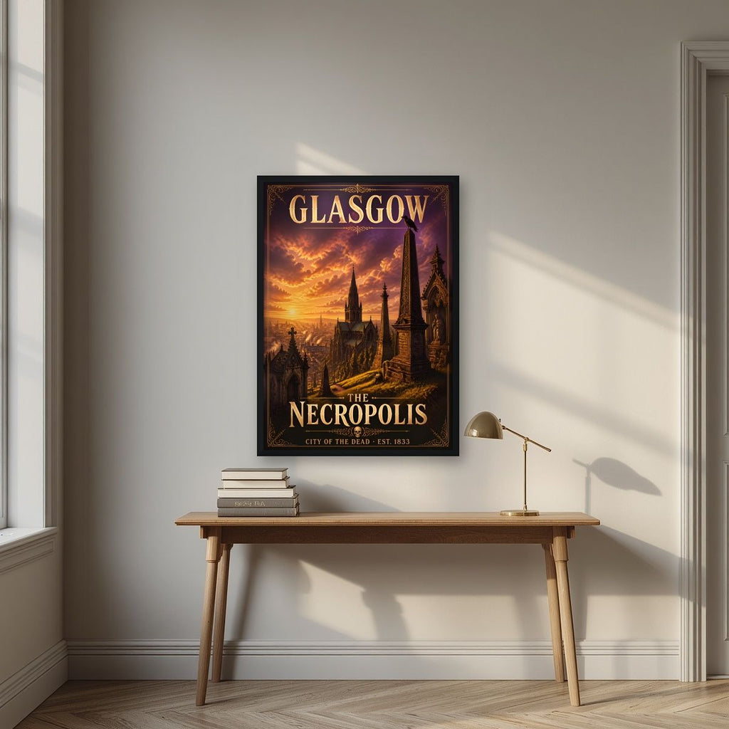 The Necropolis — Glasgow art print, in a black frame, styled in a desk