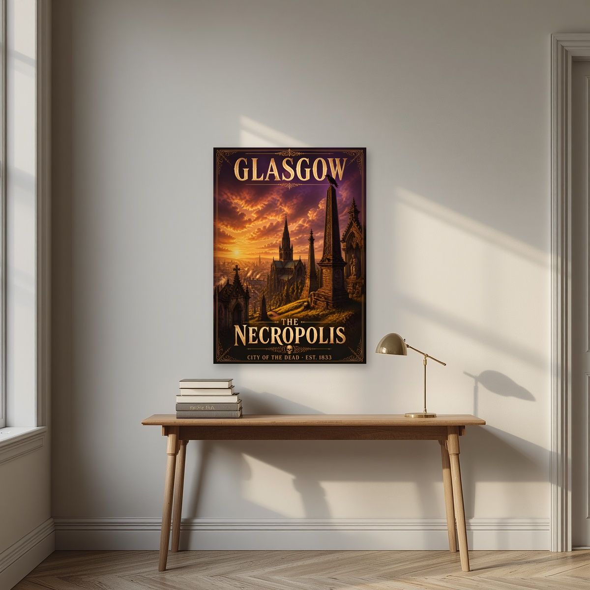The Necropolis — Glasgow art print, unframed poster, styled in a desk