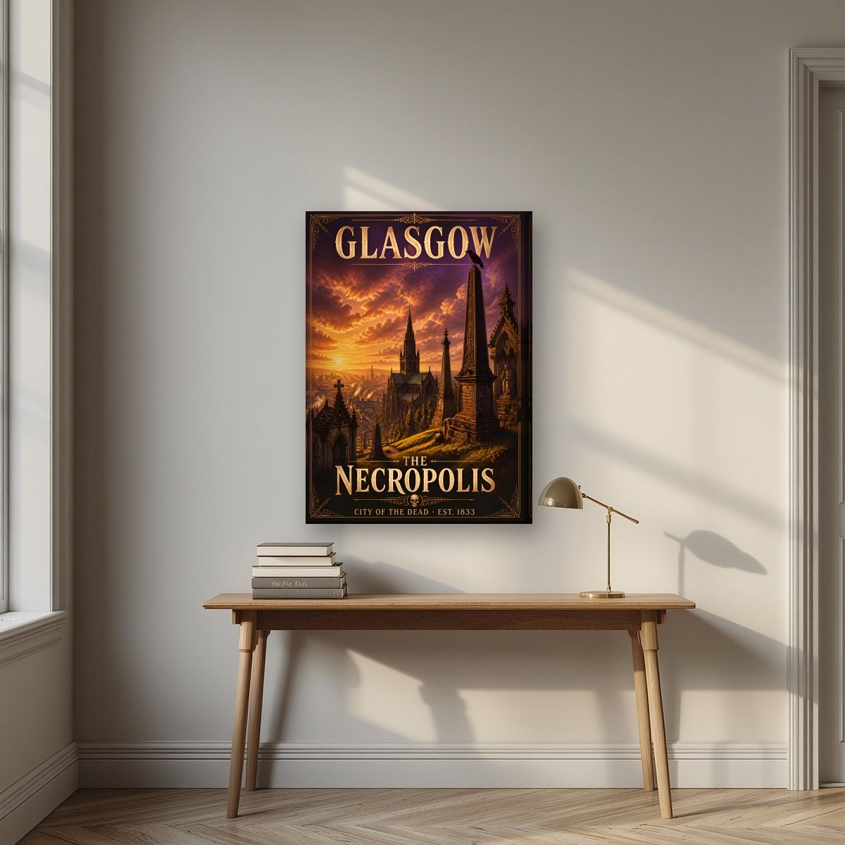 The Necropolis — Glasgow art print, on slim canvas, styled in a desk