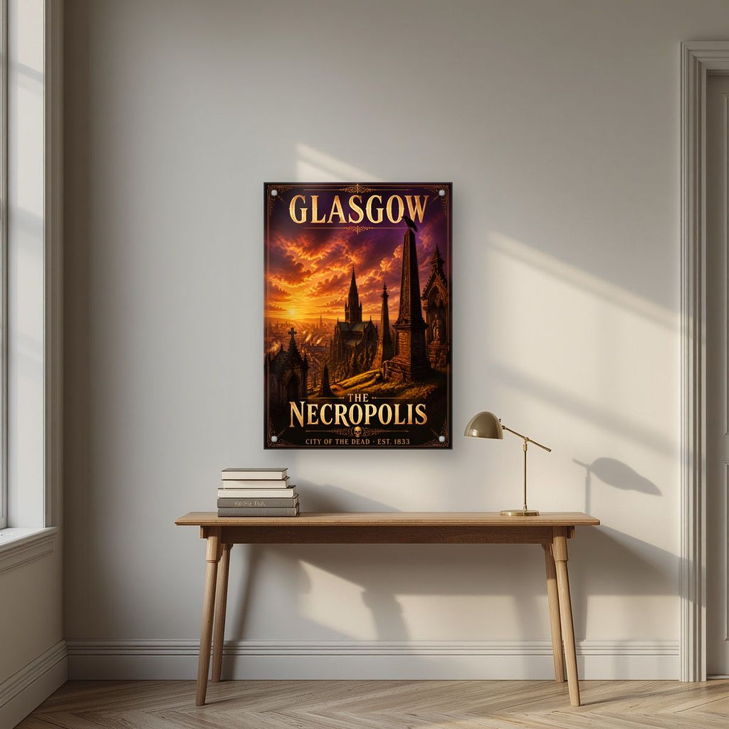 The Necropolis — Glasgow art print, as an acrylic print, styled in a desk