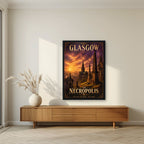 The Necropolis — Glasgow art print, in a black frame, styled in a living room